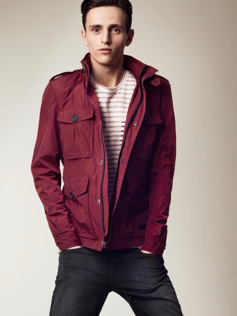 Burberry Brit Men's Military  Utility Jacket in Burgundy Size M